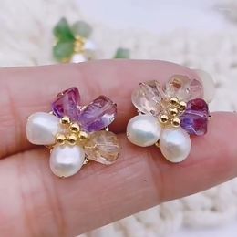 Stud Earrings Handcrafted Natural Jade Stones Jewellery Baroque Pearl 925 Silver Needle Sweet Flowers For Women Gift