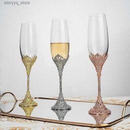 Wine Glasses 230ml Wedding Champagne Flute Glass Cup Gift Party Bride Groom Toasting Rhinestone Crystal Decor Wine Glass Goblet Engagement Q231115