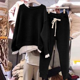 Women's Two Piece Pants Fashion Women Paper Split Joint Loose Sweater Tracksuit Design Two-piece Style Outfit Sweatshirt Sets