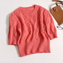 Women's Sweaters Korejepo Knitted Short Sleeved T Shirt Women's Sweet Cut Out Bubble Sleeve Retro Top Round Neck Waistband Tops Fashion
