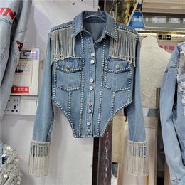 Women's Jackets High Street Heavy Industry Denim Drill Chain Tassel Jacket Women 2023 Spring Design Sense Slim Jean Coats Top