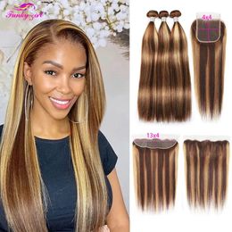 Synthetic Wigs Highlight Bundles With Closure Transparent Lace P4 27 Ombre Honey Blonde Straight Hair Frontal Brazilian 231115