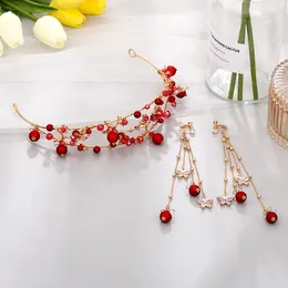 Necklace Earrings Set Red Bridal Headband Handmade Toast Dress Headwear NA