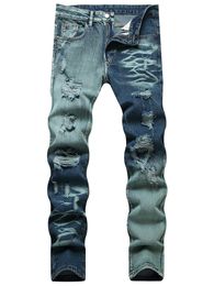 Slim Fit Straight Men's Ripped Jeans Green Gradient Hole Cotton Denim Pants Spring Summer Distressed Destroyed Trousers