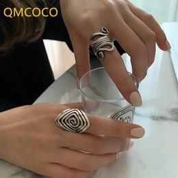 Cluster Rings QMCOCO Silver Colour Rhombus Stripe Irregular Ring Woman Retro Fashion Exaggerated Punk Open Index Finger Trendy Jewellery