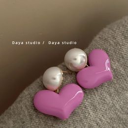Stud Cute Pink Love Heart Pearl Earrings 2024 Fashion Design Korean Sweet Y2K Girls Retro Temperament Female Jewelry 231114