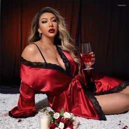 Women's Sleepwear Jxgarb Faux Silk Women Red Colour 4XL 5XL Size Bathrobes Loose Design Ladies Home Clothes Sexy Lace Satin Knee-Length Sleep