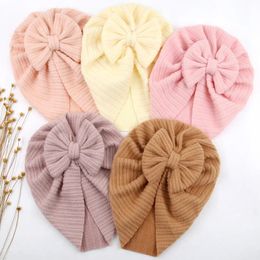 Cotton Frosted Bowknot Baby Indian Hat Kids Striped Solid Winter Warm Bonnet Hat Newborn Cute Twist Bow Beanie Hair Accessories