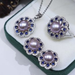 Wedding Jewelry Sets one set freshwater pearl white/gray/pink/purple/gray/yellow/black earring ring pendant zircon hook 231115