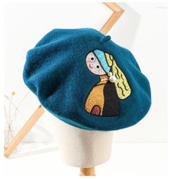 Berets Hat Women's Wool Beret Korean Version Wild Japanese Autumn And Winter Pearl Cartoon Embroidery Girl