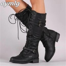 Boots Women Knee high Boots Autumn Winter Lace Up Flat Shoes Sexy Steampunk PU Retro Buckle women shoes Ladies Snow Boots 231115