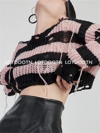 Women's Sweaters LOTDOOTN Y2K Hollow Out Cropped Knit Smock Top Women Vintage Loose Pink Stripes Crochet Pullovers Crop Tops Fairy Grunge Sweater 231115