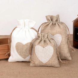 Gift Wrap 10pcs Heart Burlap Jute Drawstring Bags Christmas Birthday Party Favours Sacks Rustic Wedding Decoration Candy Packing Pouch