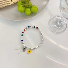 Strand Color Crystal Beaded Bracelet Women Ins Niche Design Hand Ornament Flower Simple Charm Pendant