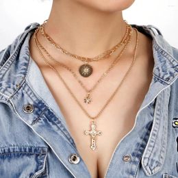 Pendant Necklaces Boho Vintage Multilevel Eye Disc Jesus Cross Necklace For Women Fashion Choker Gold Colour Crystal Sun Chain Jewellery