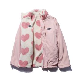 Women's Jackets Double-sided heart shape design lamb plush women's coat cotton clothes winter warm windproof jacket street Y2K clothing 231115