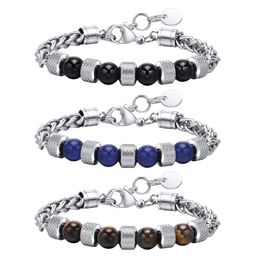 Stainless Steel Tiger Eye Stone Black Agate Beaded Braided Chain Bracelet for Men 18cm+3cm