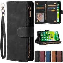 Premium Zipper Leather Wallet Bag Case For iPhone 15 14 Pro Max 13 12 11 ProMax SE Hand Strap Flip Leather Cover Multi Cards Kickstand Shockproof Cases