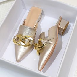 Slippers Luxury Chain Golden Mules Shoes For Women Heels 2023 Summer Pointed Toe Square Heel Sandals Plus Size 8 9 10 231115