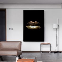 Sexy Woman Black Gold Lips Fashion Poster and Prints Light Luxury Style Home Decor Canvas Painting Living Room Wall Art