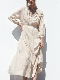 Casual Dresses Spring Summer Clothes Women Tiered Ruffle Hem Vintage Embroidery Dress 3/4 Sleeve V Neck Faux Linen Midi