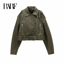 Womens Leather Faux RARF style washed leather jacket with belt short coat downgraded zipper and vintage lapel 231115