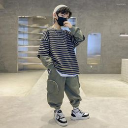 Clothing Sets Cool Boys Spring 2023 Two Pieces Set Fashion Striped Spliced O-neck Full Sleeves Hoodies Solid Cargo Ankle-Length Korean Pants