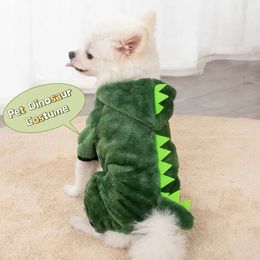 Dog Apparel Pet Dinosaur Costume Coral Fleece Warm Cat Hoodie Sweater Cute Autumn And Winter Puppy FourLegged Dino Cosplay Clothing 231114