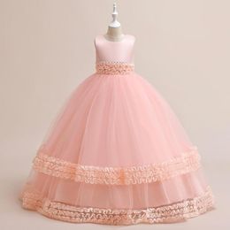 Girl Dresses Summer Pink Tulle Puffy Girls Dress Elegant Children Pearls Wedding Gown Kids Ballgown Birthday Party Vestido Wear