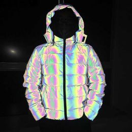 Men's Down Parkas Colourful Reflective Noctilucent Hooded Jacket Men 2022 Casual Thick Night Sporting Fluorescent Mens Jackets Coats Hiphop OutwearL231115