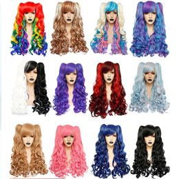 Cosplay s ANOGOL tail Synthetic Long Colored Curly Girls Lolita With Double tails 1pc Cap 231114