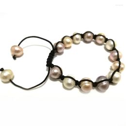 Strand 7.5 Inches Black Thread Adjustable Braided 9-10mm Natural White-Pink-Lavender Pearl Bracelets