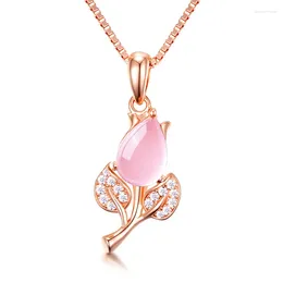 Pendant Necklaces Ociki Rose Gold Colour Pink Opal CZ Crystal Choker Ross Quartz Tulips For Women Girls Gift Drop