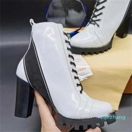 Designer Boots Women Ankle Boots Square Chunky High Heels Printing Genuine Leather Elegant Twist Booties Printed Mid Heel
