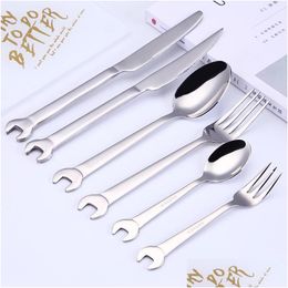 Flatware Sets 6Pcs/Set Creative Wrench Shape Stainless Steel Dinner Knife Tea Fork Coffee Spoon Dinnerware Set Cutlery Utensil Kitch Dhz8W