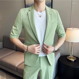 Men's Suits 2023 Summer Fashion Short Sleeve Blazer Jacket Match Pant Slim Fit Solid Colour 2-piece Men Casual Business Office Party Tuxedo