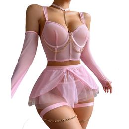 Sexy Set Lingerie Set Women Underwear Sexy Solid Colour Mesh Ribbon Bra Thongs With Gloves Skirts Lingerie Transparent Intimate Costumes 23115