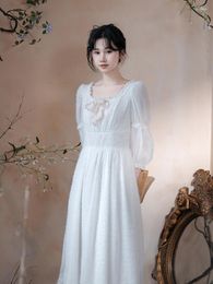 Casual Dresses Spring Autumn Women French Vintage Sweet Fairycore Slim Waist Comfortable White Flocking Chiffon Maxi