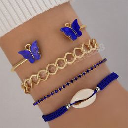 Bohemian Crystal Butterfly Bracelets Set for Women Shell Rope Chain Open Bracelet Bangles Vacation Jewelry