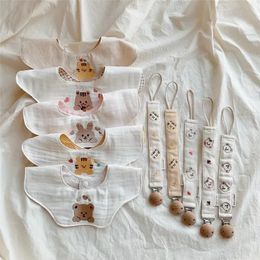 Scarves Wraps 2Pcs/Set Cartoon Embroidery Baby BibPacifier Chain born Cotton Bib Baby Feeding Saliva Towel Scarf Anti-drop Soother Chains 231115