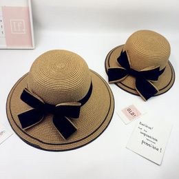 Wide Brim Hats Simple Summer Parent-child Beach Sun Female Casual Panama Hat Lady Brand Women Flat Bowknot Straw Cap