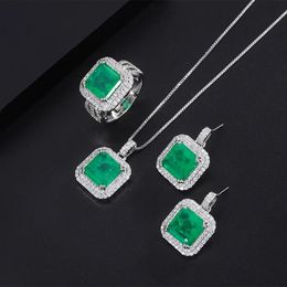 Wedding Jewelry Sets Charm Designer Emerald Stone Square Pendant Necklace Earring Open Adjustable Ring Set Women Wedding Accessories Anniversary Gift 231115