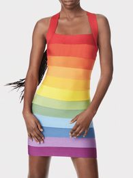 Casual Dresses Rainbow Bandage Dress Halter Backless Short Party Bodycon Elegant Sexy Evening Birthday Club Outfit Year Summer 230414