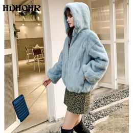 Women's Fur Faux HDHOHR 2023 Real Mink Coat Women Winter Short High Grade Multiple Colour Natural Jackets With Big Hat 231114