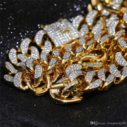 Hip Hop Cuban Men Necklace Chain Hip hop Chain Iced Out Miami Cuban Gold-color Paved Clear Rhinestones Luxury Jewelry