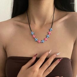 Pendant Necklaces Hip-hop Sweet Pink Blue Cross Beaded Clavicle Chain Necklace Autumn Winter Black Rope Short For Women Jewelry