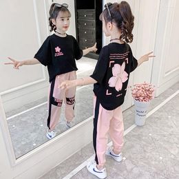 Clothing Sets 2023 Girls Clothes Child Sports Suit Teen Tracksuit Loose Flower T Shirt Tops Ankle-tied Pants Striped 10 11 12 14 15 Years