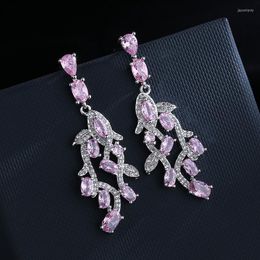 Dangle Earrings In Classic 925 Silver Romantic Gemstone Pink Leaf For Women Zirconia Long Banquet Ear Studs Wedding Jewelry