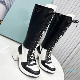 Leather Re-Nylon Boots Fashion High Heel Lace-Up Boot Winter Motorcycle Knee Boots