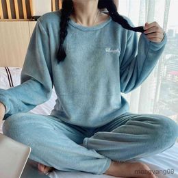 home clothing Pyjamas women's plus size coral fleece winter thickened warm round neck pullover simple casual flannel home clothes 2-piece set R231115